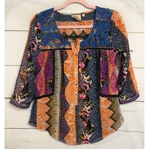 Vanessa Virginia Anthropologie Mixed Print Boho Blouse Orange Blue Womens US 2